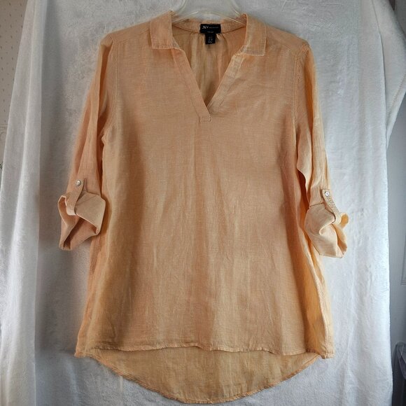 Jones New York 100% Linen Tunic V-Neck Peach Collared Size 1X Roll Tab Sleeve - Picture 1 of 12